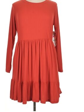 Just Be Women's Red Long-Sleeve Crew Neck Dropped Waist Tiered Mini Dress SZ 1X